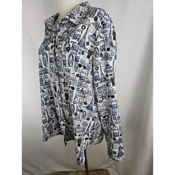 Karl Lagerfeld Shirt XL Parisian Cityscape Button-Front Long Roll Sleeve Blue - Picture 5 of 13